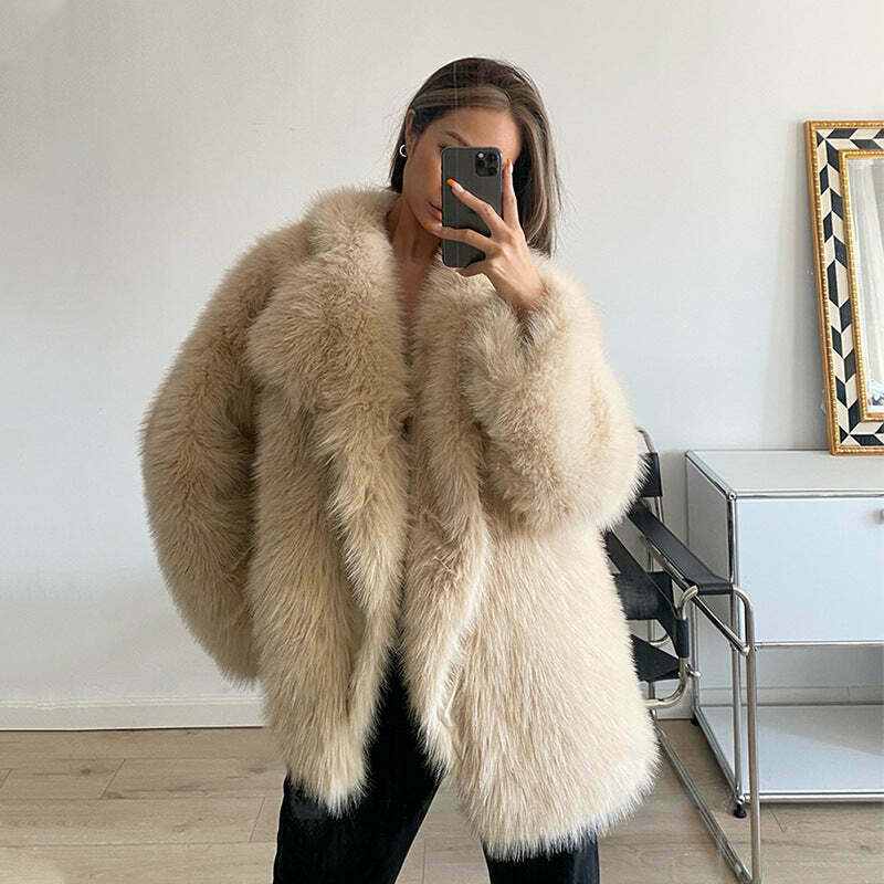 Y2K Aesthetic Faux Fur Mid-Length Coat for Women - Coquette Style Grunge Fashion Y2K Aesthetic Faux Fur Mid-Length Coat for Women - Coquette Style Grunge Fashion