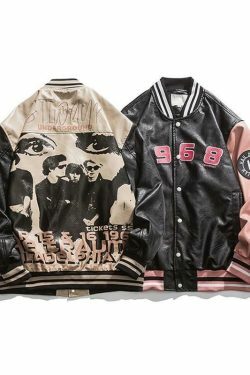 Y2K Aesthetic Faux Leather 1968 Varsity Jacket for Women - Coquette & Grunge Style