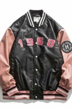 Y2K Aesthetic Faux Leather 1968 Varsity Jacket for Women - Coquette & Grunge Style