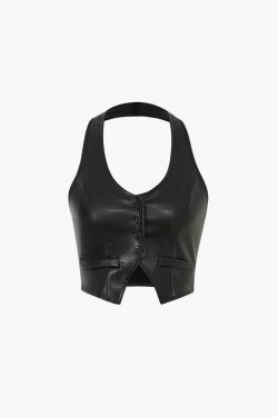 Y2K Aesthetic Faux Leather Halter Cami Top for Women - Coquette Style Grunge Fashion