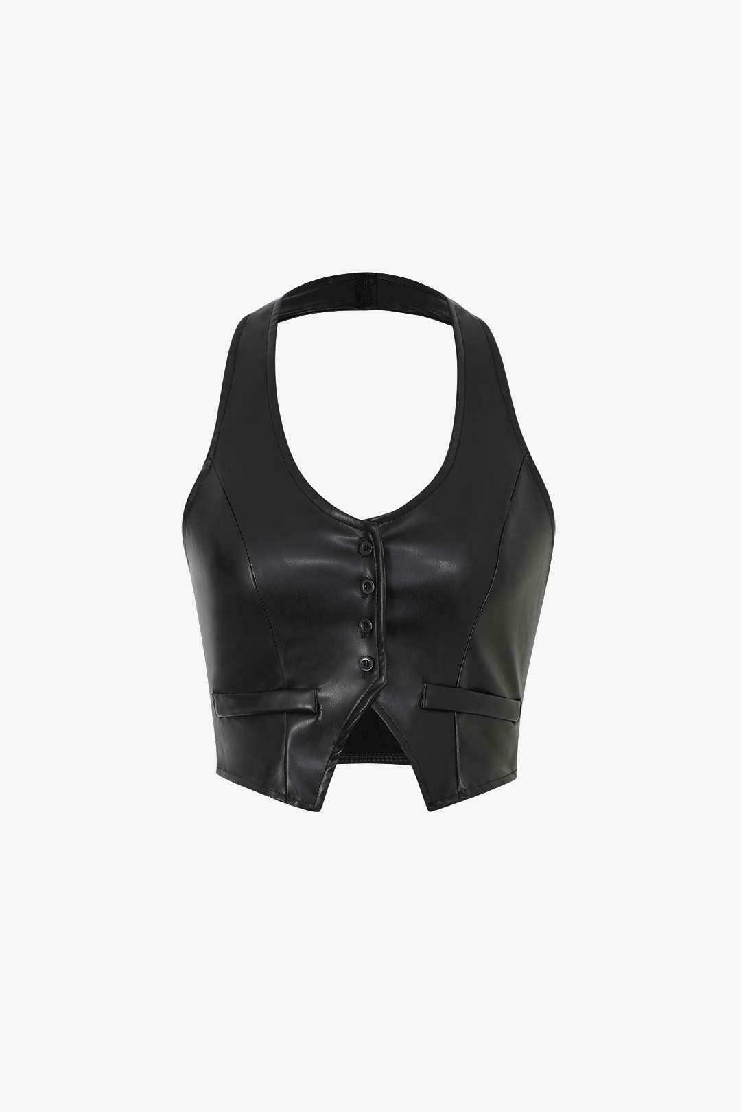 Y2K Aesthetic Faux Leather Halter Cami Top for Women - Coquette Style Grunge Fashion Y2K Aesthetic Faux Leather Halter Cami Top for Women - Coquette Style Grunge Fashion
