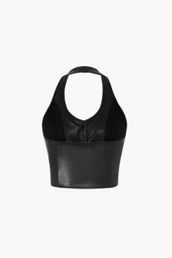 Y2K Aesthetic Faux Leather Halter Cami Top for Women - Coquette Style Grunge Fashion