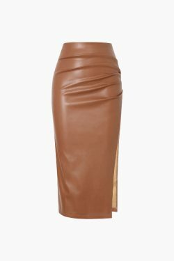 Y2K Aesthetic Faux Leather Ruched Slit Midi Skirt for Women - Coquette & Grunge Style