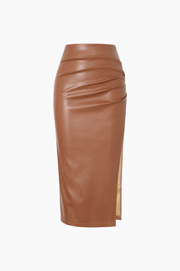 Y2K Aesthetic Faux Leather Ruched Slit Midi Skirt for Women - Coquette & Grunge Style