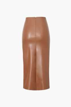 Y2K Aesthetic Faux Leather Ruched Slit Midi Skirt for Women - Coquette & Grunge Style