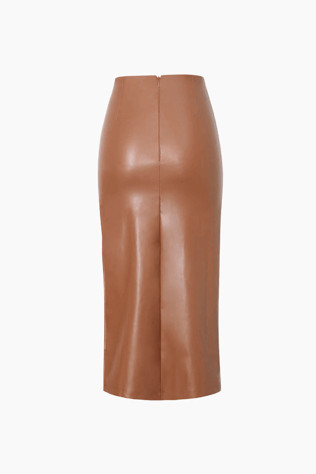 Y2K Aesthetic Faux Leather Ruched Slit Midi Skirt for Women - Coquette & Grunge Style