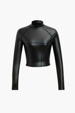 Y2K Aesthetic Faux Leather Top with Seam Detail - Coquette Grunge Style for Women