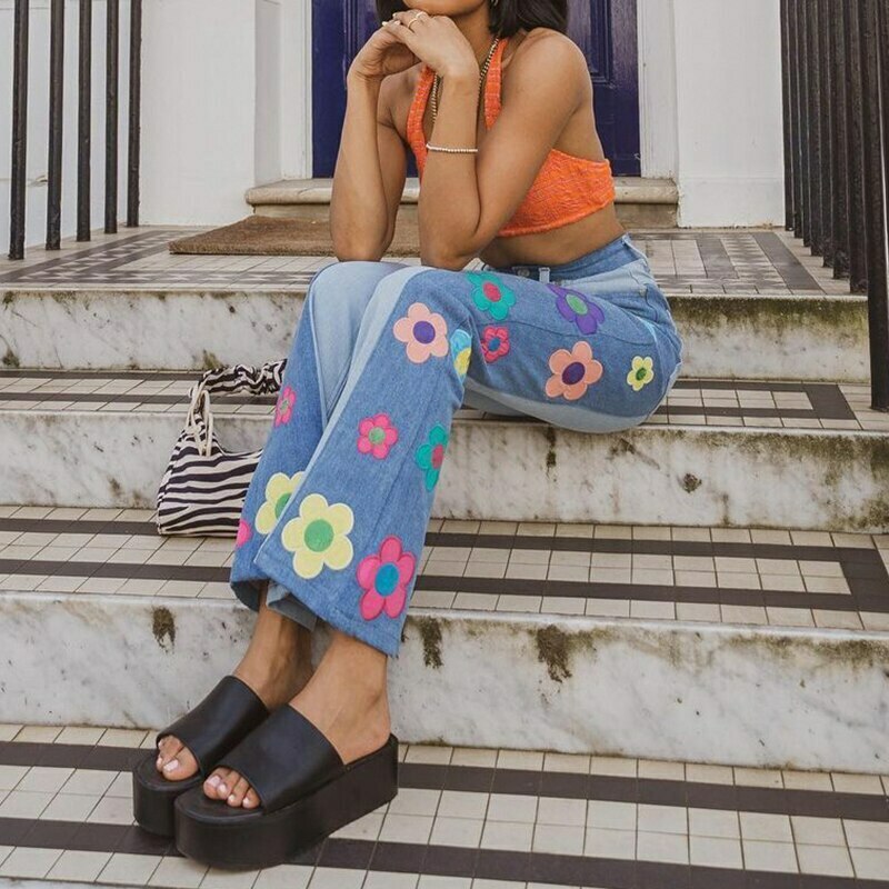 Y2K Aesthetic Floral Flare Jeans - Vintage-inspired Coquette Style for Women's Fashion
