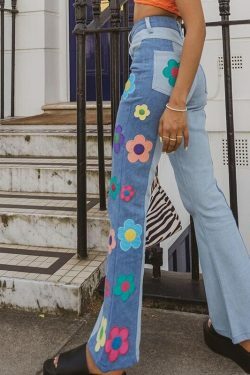 Y2K Aesthetic Floral Flare Jeans - Vintage-inspired Coquette Style for Women's Fashion
