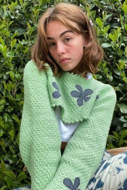 Y2K Aesthetic Floral Knitted Green Crop Top - Coquette Style for Women