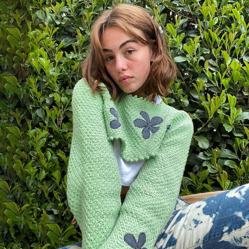 Y2K Aesthetic Floral Knitted Green Crop Top - Coquette Style for Women Y2K Aesthetic Floral Knitted Green Crop Top - Coquette Style for Women
