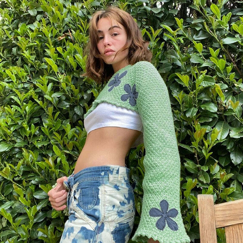 Y2K Aesthetic Floral Knitted Green Crop Top - Coquette Style for Women Y2K Aesthetic Floral Knitted Green Crop Top - Coquette Style for Women