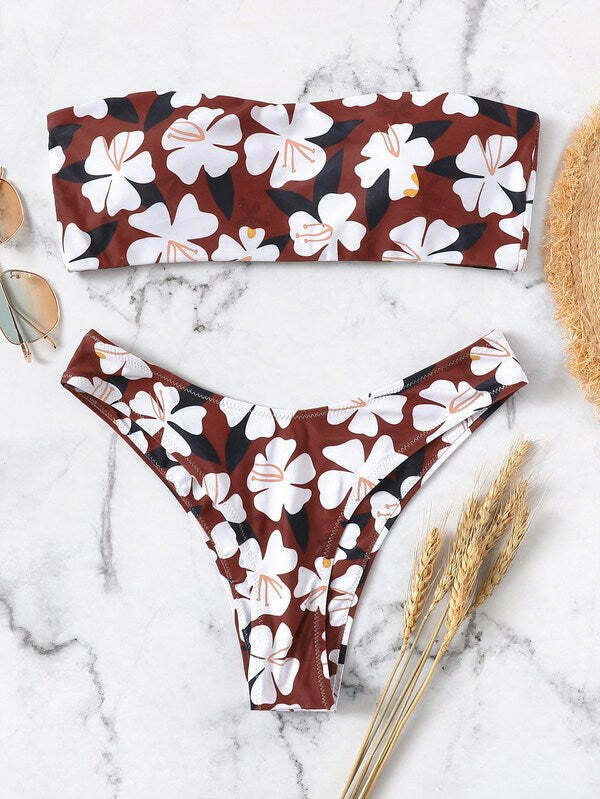 Y2K Aesthetic Flower Print Bandeau Bikini Set for Women - Coquette Style Swimwear Y2K Aesthetic Flower Print Bandeau Bikini Set for Women - Coquette Style Swimwear