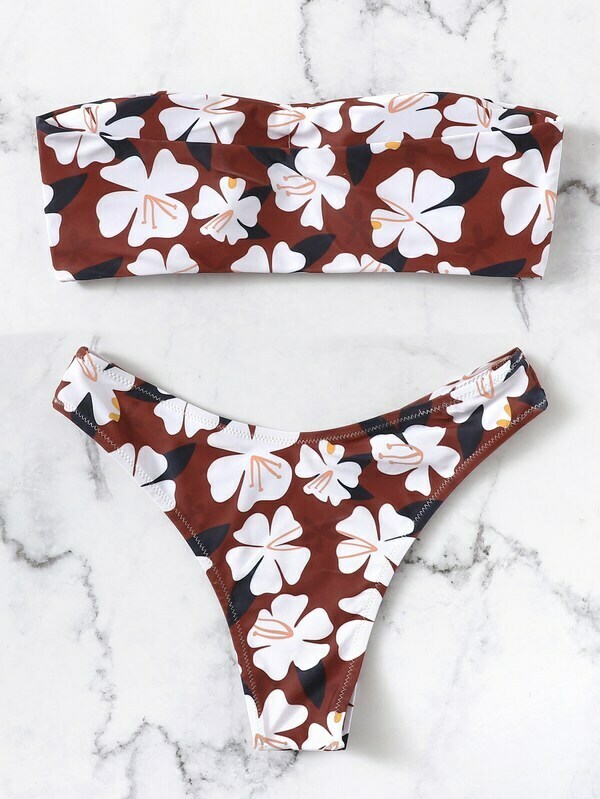 Y2K Aesthetic Flower Print Bandeau Bikini Set for Women - Coquette Style Swimwear Y2K Aesthetic Flower Print Bandeau Bikini Set for Women - Coquette Style Swimwear