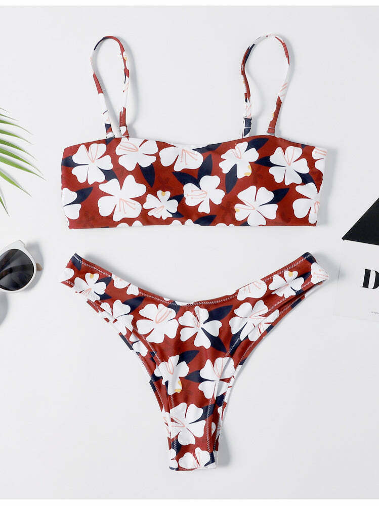 Y2K Aesthetic Flower Print Bandeau Thong Bikini - Retro Coquette Style Swimwear Y2K Aesthetic Flower Print Bandeau Thong Bikini - Retro Coquette Style Swimwear