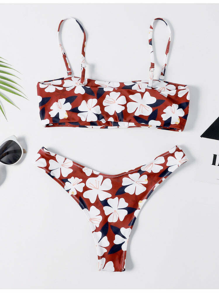 Y2K Aesthetic Flower Print Bandeau Thong Bikini - Retro Coquette Style Swimwear Y2K Aesthetic Flower Print Bandeau Thong Bikini - Retro Coquette Style Swimwear