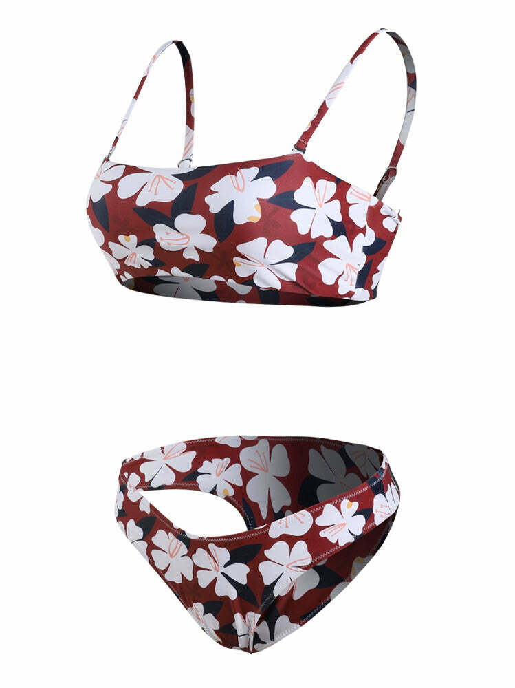 Y2K Aesthetic Flower Print Bandeau Thong Bikini - Retro Coquette Style Swimwear Y2K Aesthetic Flower Print Bandeau Thong Bikini - Retro Coquette Style Swimwear