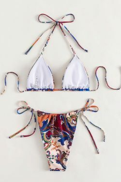 Y2K Aesthetic Flower Print Plunge Bikini Set - Retro Style Swimwear for Women