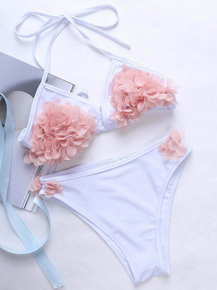 Y2K Aesthetic Flower String Halter Triangle Cup Bikini Set - Women's Swimsuit Y2K Aesthetic Flower String Halter Triangle Cup Bikini Set - Women's Swimsuit