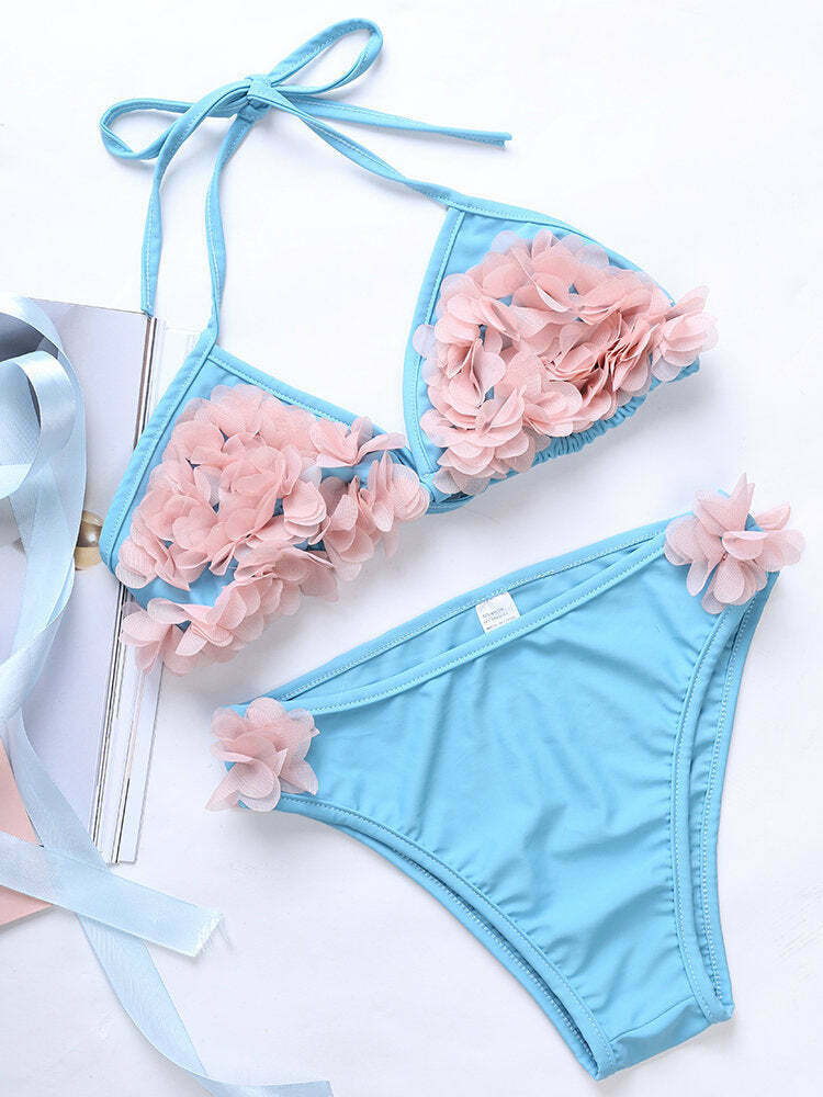 Y2K Aesthetic Flower String Halter Triangle Cup Bikini Set - Women's Swimsuit Y2K Aesthetic Flower String Halter Triangle Cup Bikini Set - Women's Swimsuit