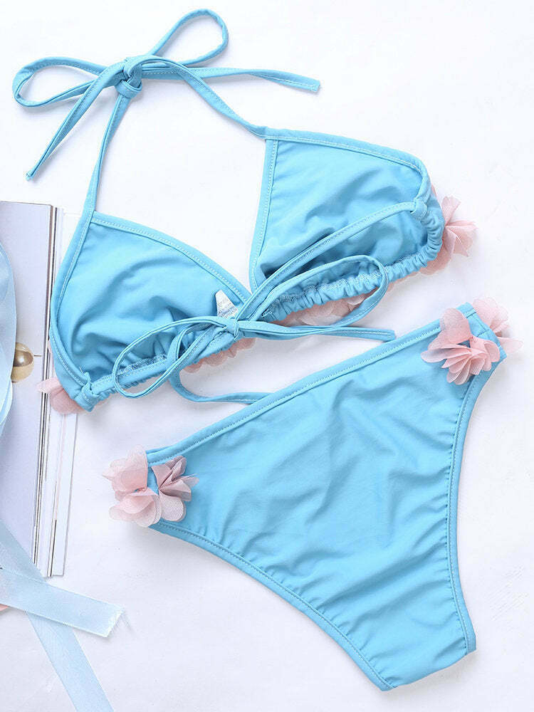 Y2K Aesthetic Flower String Halter Triangle Cup Bikini Set - Women's Swimsuit Y2K Aesthetic Flower String Halter Triangle Cup Bikini Set - Women's Swimsuit