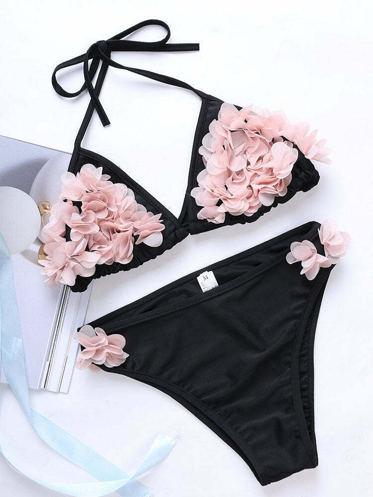 Y2K Aesthetic Flower String Halter Triangle Cup Bikini Set - Women's Swimsuit Y2K Aesthetic Flower String Halter Triangle Cup Bikini Set - Women's Swimsuit