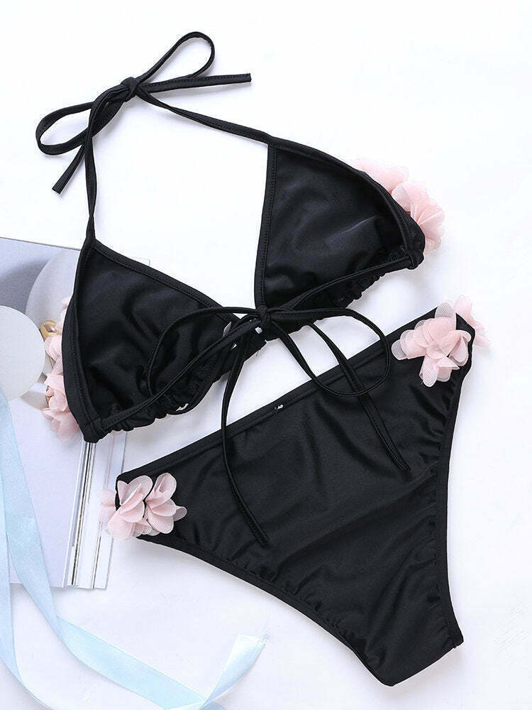 Y2K Aesthetic Flower String Halter Triangle Cup Bikini Set - Women's Swimsuit Y2K Aesthetic Flower String Halter Triangle Cup Bikini Set - Women's Swimsuit