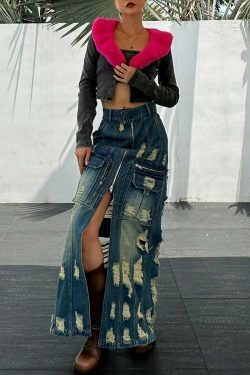 Y2K Aesthetic Frayed Denim Cargo Skirt - Coquette Style with Grunge &