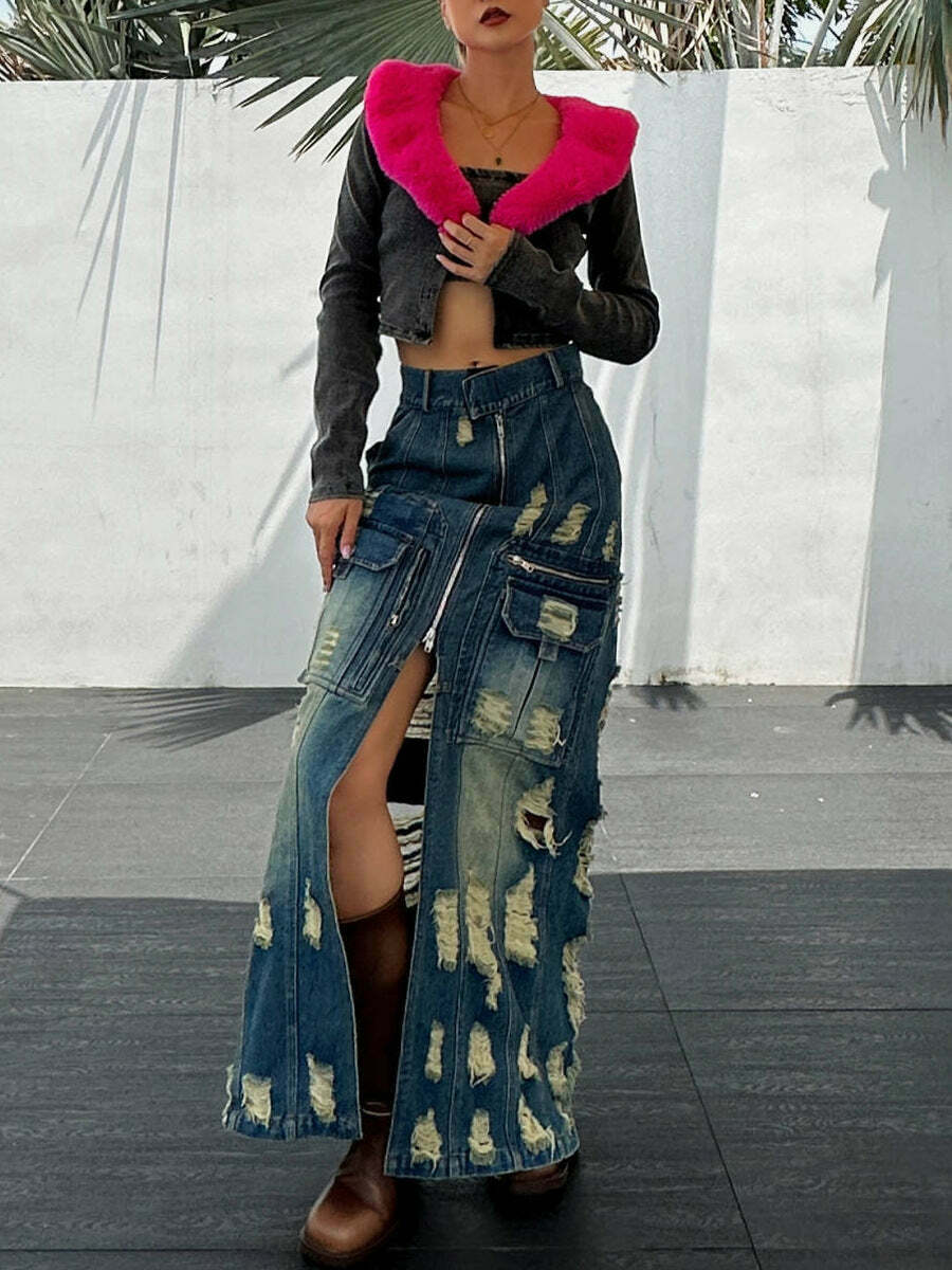 Y2K Aesthetic Frayed Denim Cargo Skirt - Coquette Style with Grunge & Y2K Aesthetic Frayed Denim Cargo Skirt - Coquette Style with Grunge &