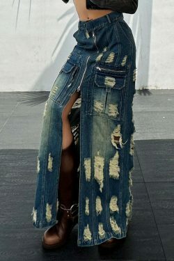 Y2K Aesthetic Frayed Denim Cargo Skirt - Coquette Style with Grunge &