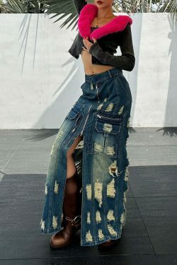 Y2K Aesthetic Frayed Denim Cargo Skirt - Coquette Style with Grunge &