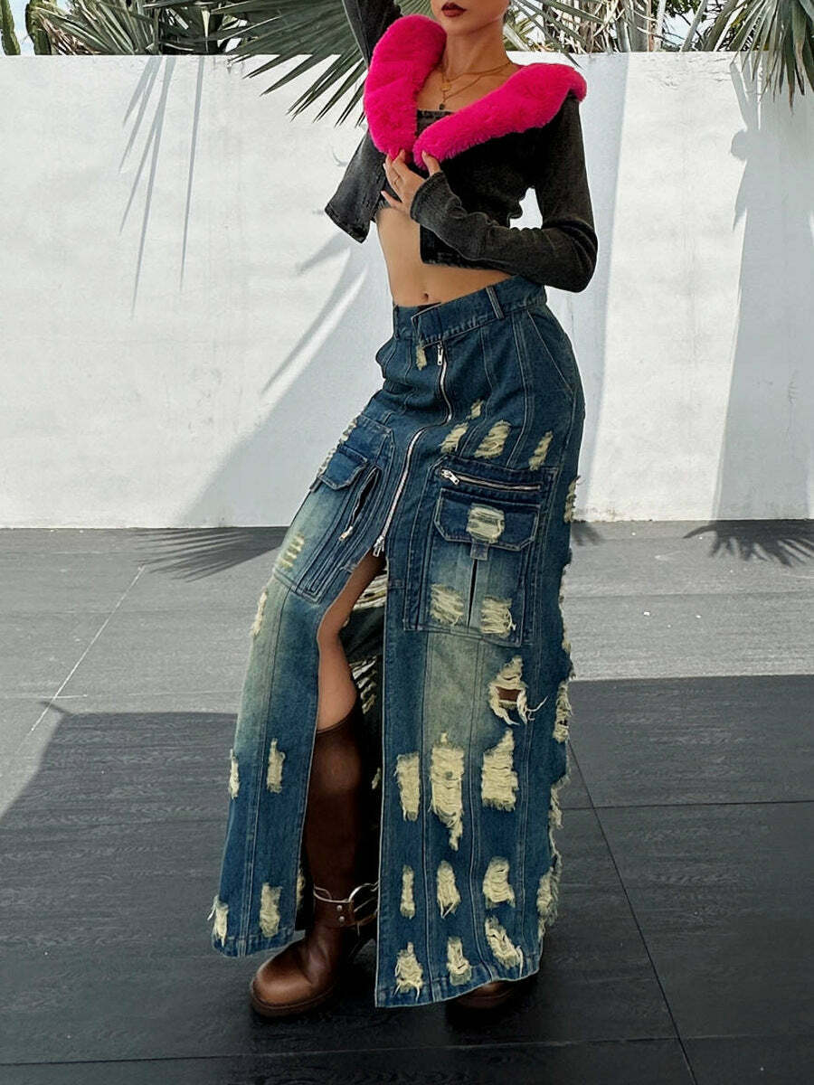 Y2K Aesthetic Frayed Denim Cargo Skirt - Coquette Style with Grunge & Y2K Aesthetic Frayed Denim Cargo Skirt - Coquette Style with Grunge &