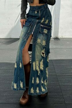 Y2K Aesthetic Frayed Denim Cargo Skirt - Coquette Style with Grunge &