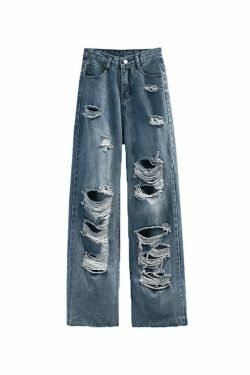 Y2K Aesthetic Frayed Detail High Waist Ripped Jeans for Women - Coquette Fashion Grunge Style