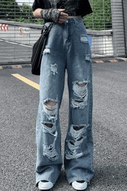 Y2K Aesthetic Frayed Detail High Waist Ripped Jeans for Women - Coquette Fashion Grunge Style