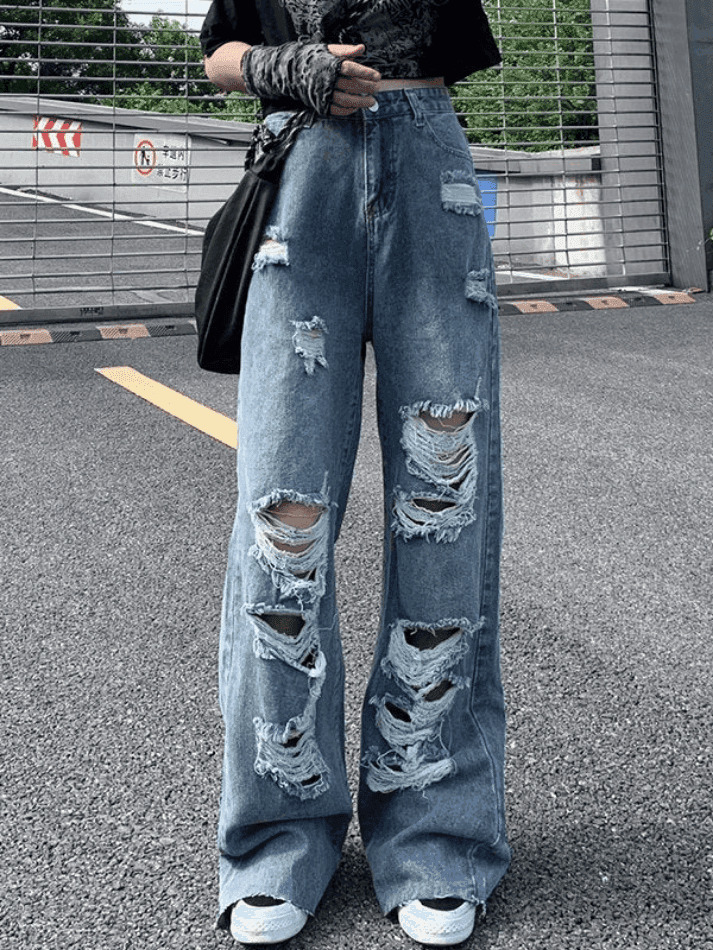 Y2K Aesthetic Frayed Detail High Waist Ripped Jeans for Women - Coquette Fashion Grunge Style Y2K Aesthetic Frayed Detail High Waist Ripped Jeans for Women - Coquette Fashion Grunge Style