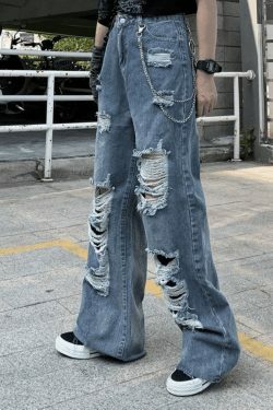 Y2K Aesthetic Frayed Detail High Waist Ripped Jeans for Women - Coquette Fashion Grunge Style