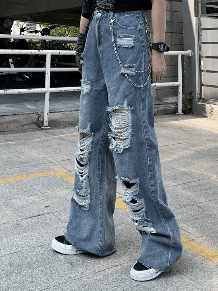Y2K Aesthetic Frayed Detail High Waist Ripped Jeans for Women - Coquette Fashion Grunge Style Y2K Aesthetic Frayed Detail High Waist Ripped Jeans for Women - Coquette Fashion Grunge Style