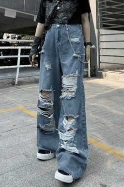 Y2K Aesthetic Frayed Detail High Waist Ripped Jeans for Women - Coquette Fashion Grunge Style