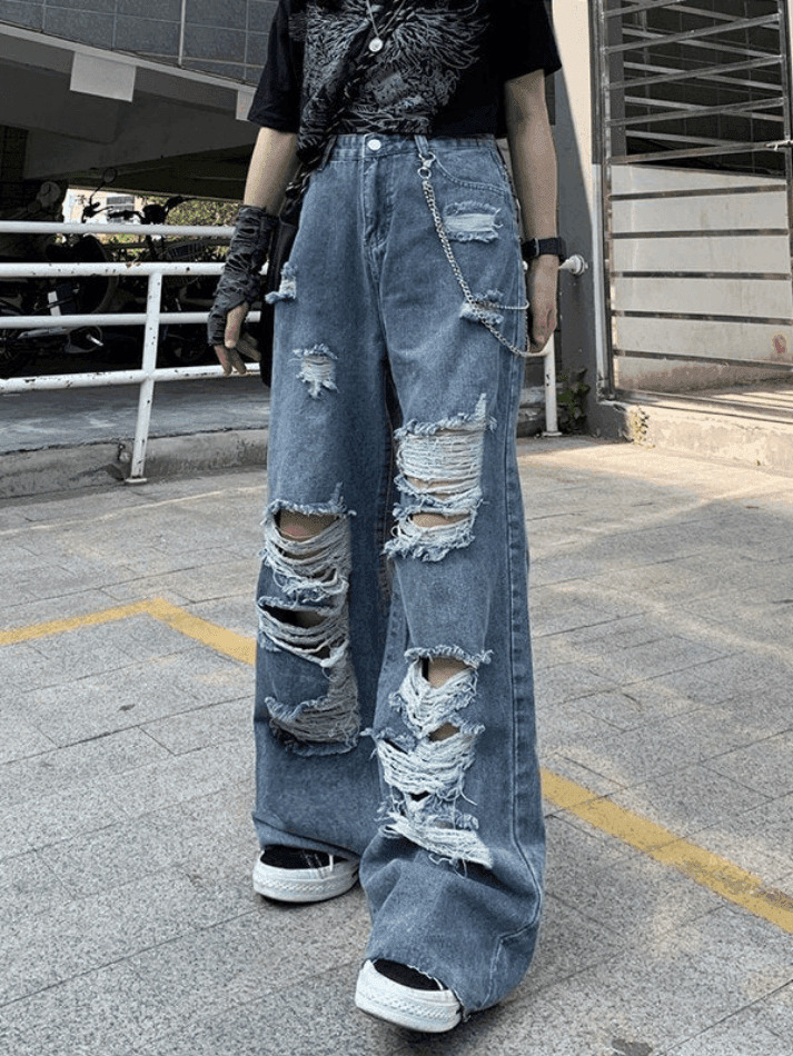 Y2K Aesthetic Frayed Detail High Waist Ripped Jeans for Women - Coquette Fashion Grunge Style Y2K Aesthetic Frayed Detail High Waist Ripped Jeans for Women - Coquette Fashion Grunge Style