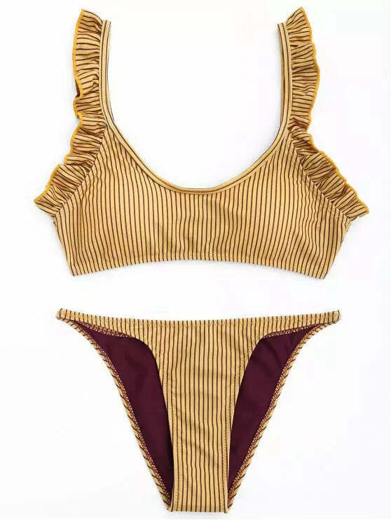 Y2K Aesthetic Frilled Stripe Bikini Set - Coquette & Grunge Style, Cute Tops & Cargo Skirt