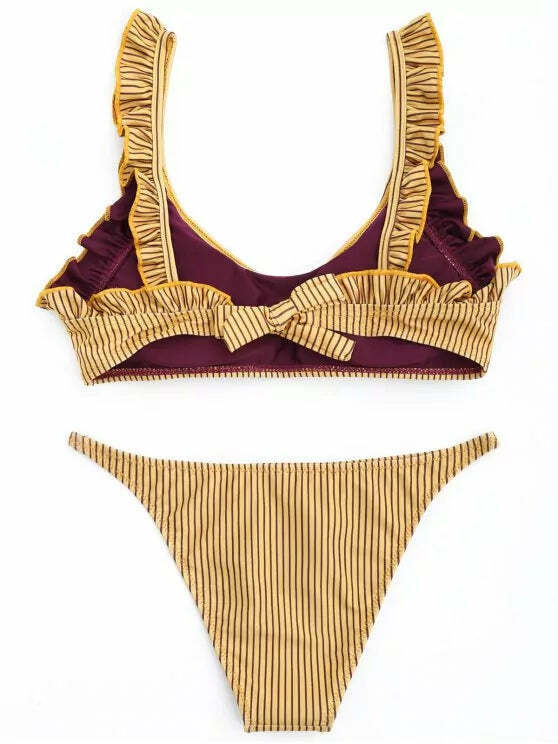 Y2K Aesthetic Frilled Stripe Bikini Set - Coquette & Grunge Style, Cute Tops & Cargo Skirt