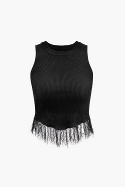 Y2K Aesthetic Fringe Hem Rib Knit Tank Top for Women - Coquette & Grunge Style Fashion