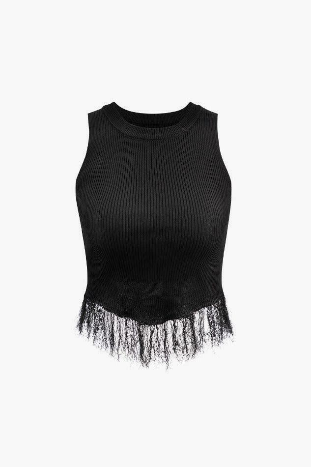 Y2K Aesthetic Fringe Hem Rib Knit Tank Top for Women - Coquette & Grunge Style Fashion Y2K Aesthetic Fringe Hem Rib Knit Tank Top for Women - Coquette & Grunge Style Fashion