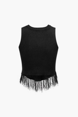 Y2K Aesthetic Fringe Hem Rib Knit Tank Top for Women - Coquette & Grunge Style Fashion