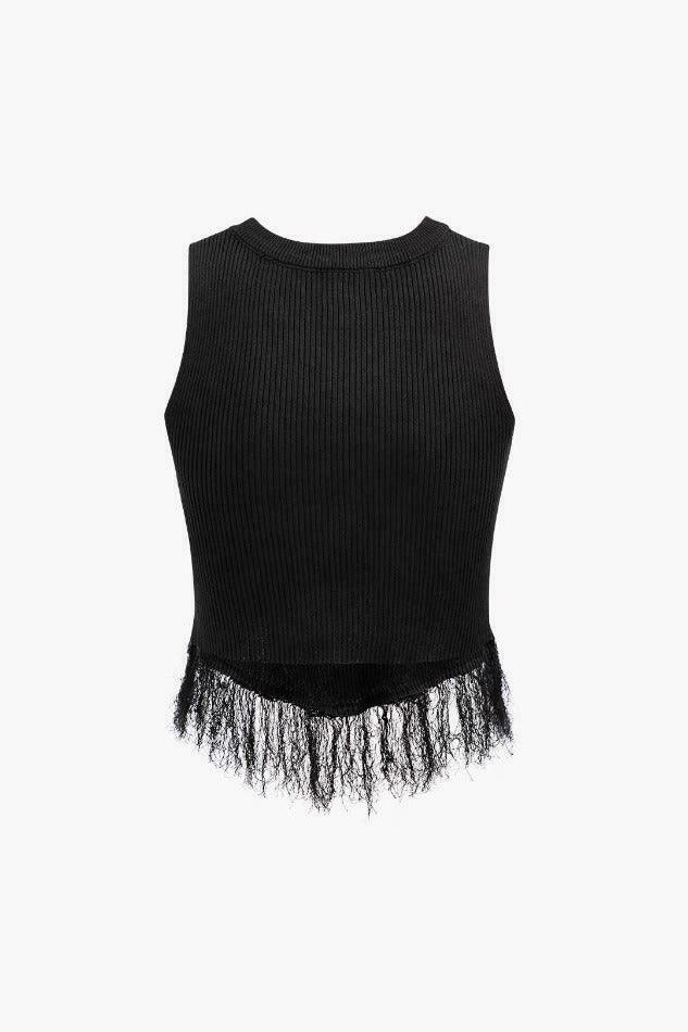 Y2K Aesthetic Fringe Hem Rib Knit Tank Top for Women - Coquette & Grunge Style Fashion Y2K Aesthetic Fringe Hem Rib Knit Tank Top for Women - Coquette & Grunge Style Fashion