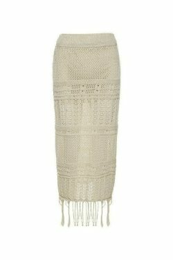 Y2K Aesthetic Fringed Crochet Hollow Knit Long Skirt for Women - Coquette & Grunge Style