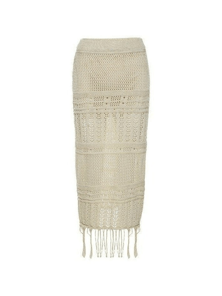 Y2K Aesthetic Fringed Crochet Hollow Knit Long Skirt for Women - Coquette & Grunge Style