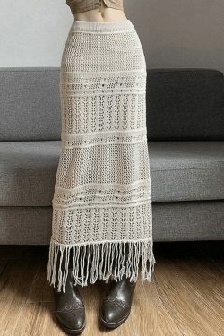 Y2K Aesthetic Fringed Crochet Hollow Knit Long Skirt for Women - Coquette & Grunge Style