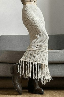 Y2K Aesthetic Fringed Crochet Hollow Knit Long Skirt for Women - Coquette & Grunge Style